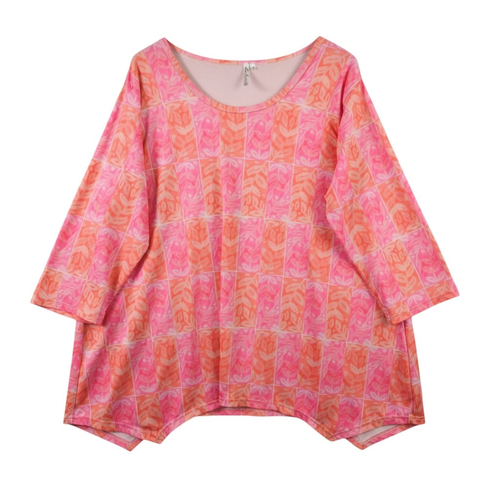 Lulu B Tunic Shirt Womens 1X Plus Pink Orange Asymmetrical Leaf Print Jersey Top